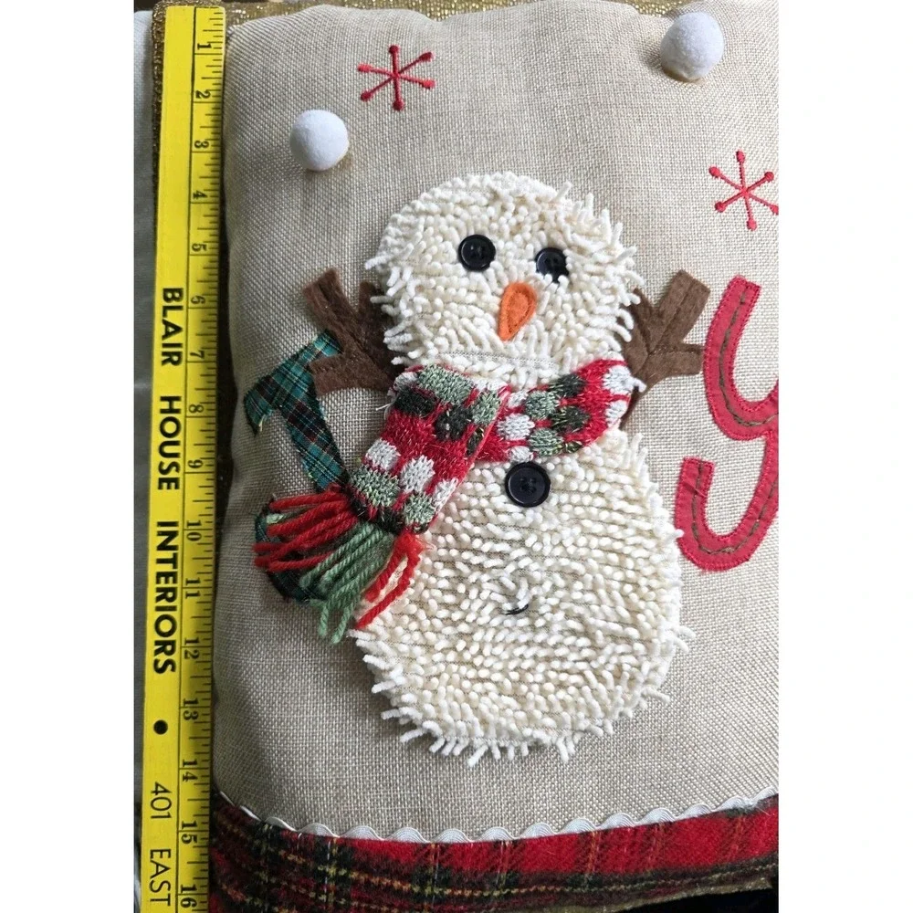 Cracker‎ Barrel Christmas Pillow JOY Snowman Rustic Farmhouse Plaid/Burlap